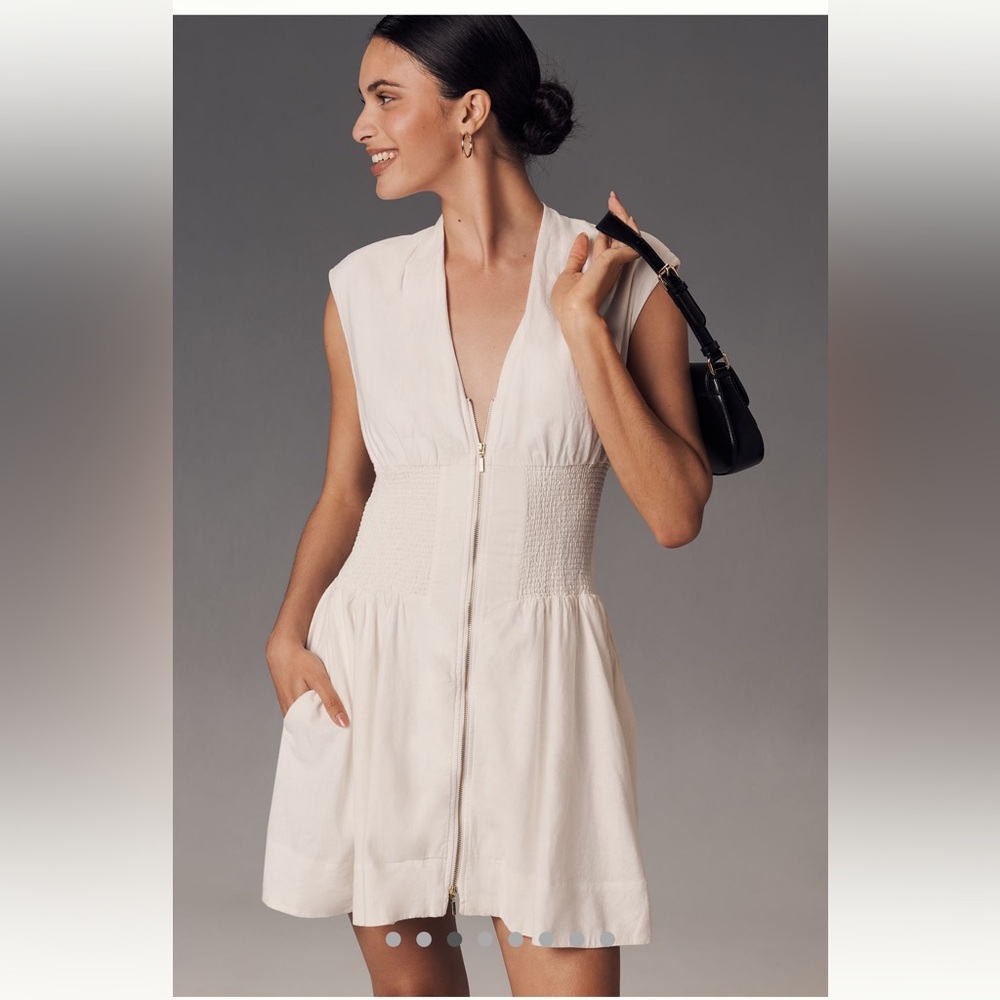 The Tommie Cap-Sleeve Linen Smocked
Front-Zip Mini Shirt